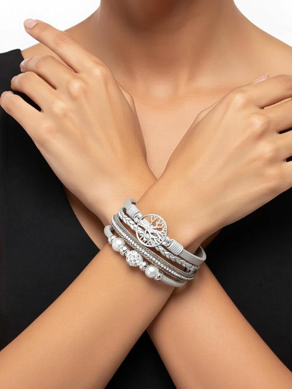 Leather Wrap Bracelet for Women, Boho Handmade Multi-Layer Cuff with Crystal Bea - Picture 4 of 7